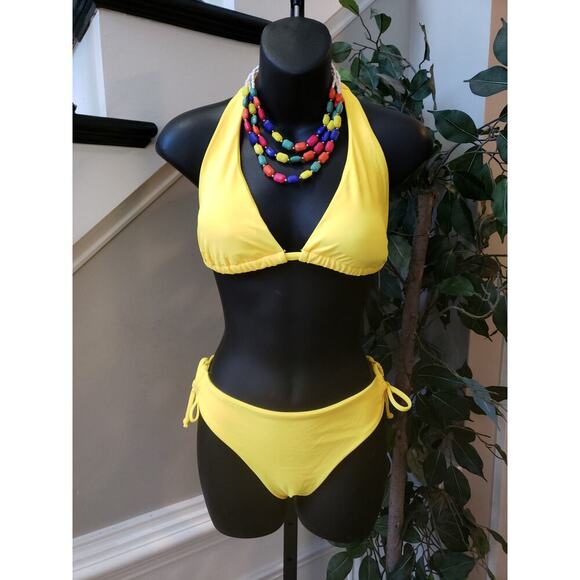 Women's 2 Piece Swimsuit Large Yellow Stretch Triangle Backless Halter Neck - Picture 1 of 8